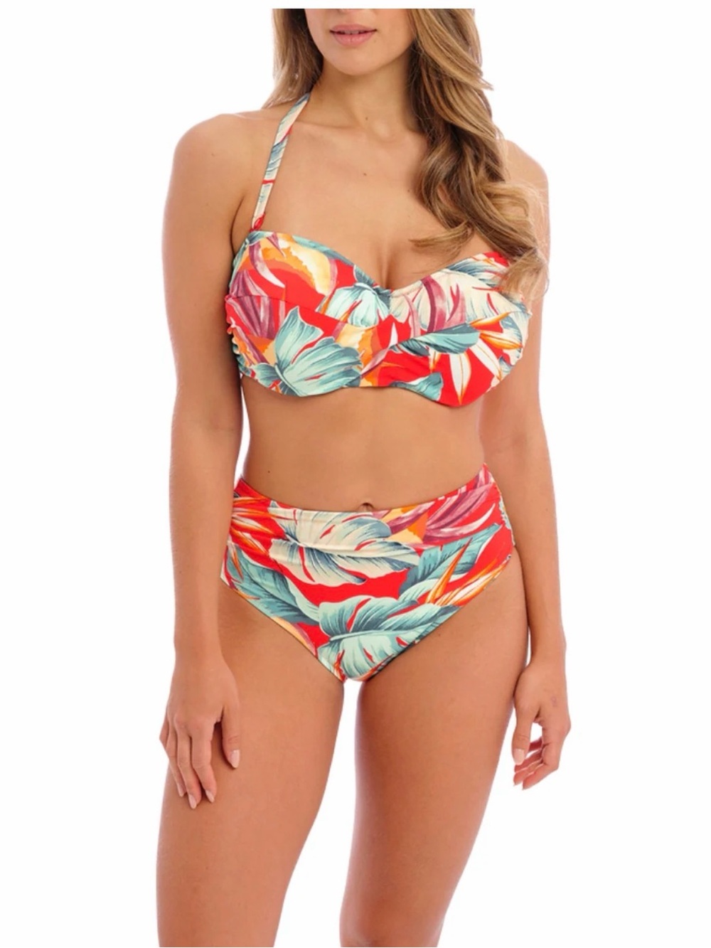 Freya Red Tropical Print Underwire Bikini Set 36I top/Large High-Waist Bottom